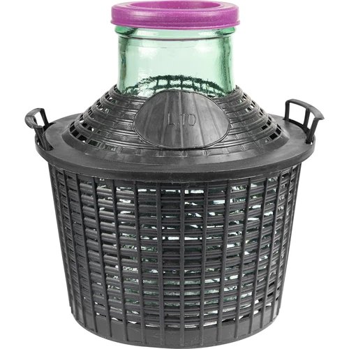 Balon za vino 10 L s širokim vratom v plastičnem košu.