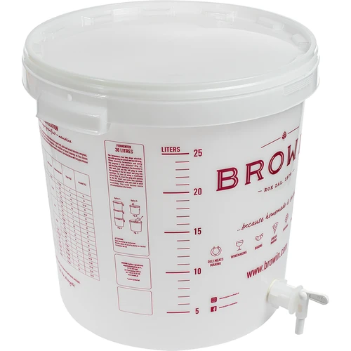 Fermentacijska posoda 30L, v beli barvi s potiskom, s pipo in dvema vodnima zaporama - j.EN - 3