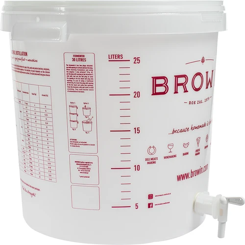 Fermentacijska posoda 30L, v beli barvi s potiskom, s pipo in dvema vodnima zaporama - j.EN - 4