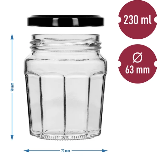 Kozarec Konfitura 230ml s črnim pokrovčkom fi63/4 - 6 kos - 8