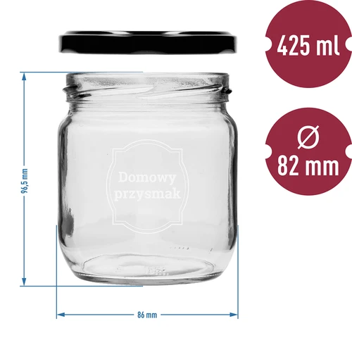 Kozarec TO 425 ml s potiskom „Domača dobrota” in črnim pokrovčkom fi 82 - 3 kosi. - 6