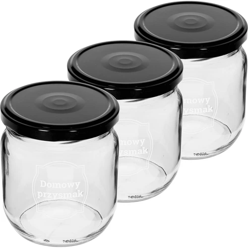 Kozarec TO 425 ml s potiskom „Domača dobrota” in črnim pokrovčkom fi 82 - 3 kosi. - 2