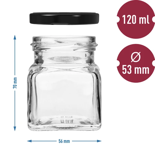 Kozarec twist-off 120 ml – Štirje koti, fi 53, s črnim pokrovčkom, 6 kos - 6