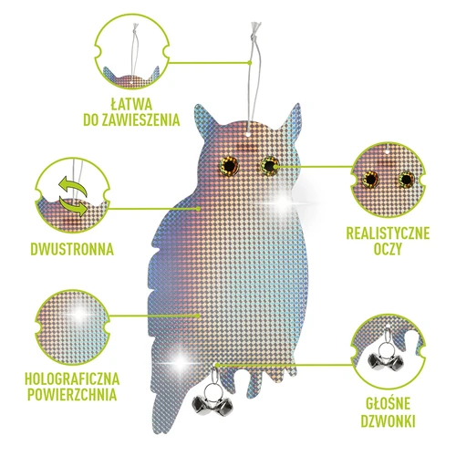 Odsevna obešanka za odganjanje ptic - sova z zvončki - 4