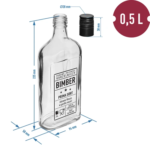 Ploska steklenica 500 ml z navojnim pokrovčkom, potisk »Bimber PRL«, 1 kos. - 5