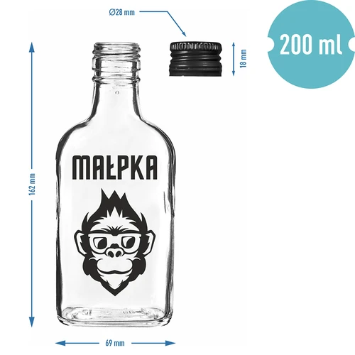 Ploska steklenička 200 ml z navojnim pokrovčkom, potisk »Opica«, 1 kos - 4