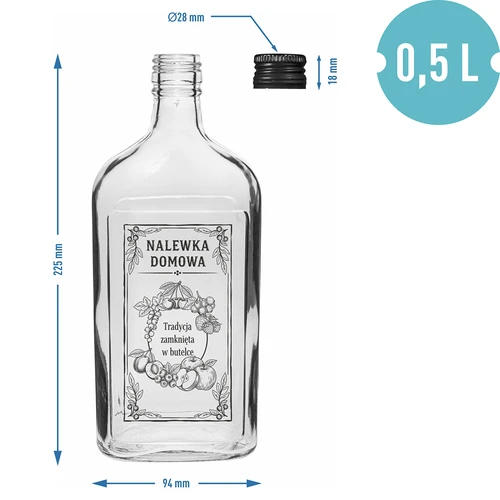 Ploska steklenica 500 ml z navojnim zamaškom, potisk »Nalewka domowa«, 1 kos - 4