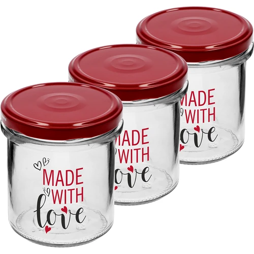 Ravnostenski kozarec 346 ml fi 82 z barvnim potiskom "Made With Love" in bordo pokrovčkom, 3 kosi. - 2