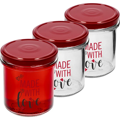Ravnostenski kozarec 346 ml fi 82 z barvnim potiskom "Made With Love" in bordo pokrovčkom, 3 kosi.