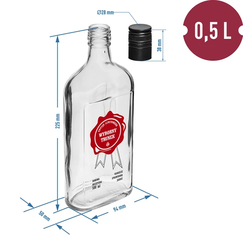 Steklenica 500 ml z navojnim pokrovčkom, potisk 'Wyborny Trunek', 1 kos. - 6