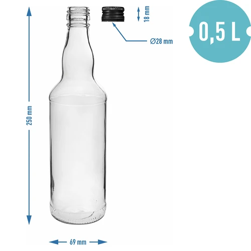 Steklenica 500 ml za vodko, s črnim navojnim zamaškom, 6 kosov - 5